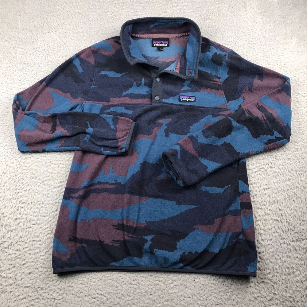 Patagonia Micro D Snap-T Fleece Pullover Womens L Kansas Sky Blue Camo Sweater